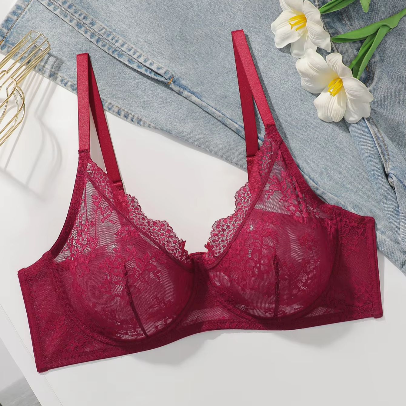 Women Plus Size Red Lace Sheer – обзор и цена Sheer Bra Lace